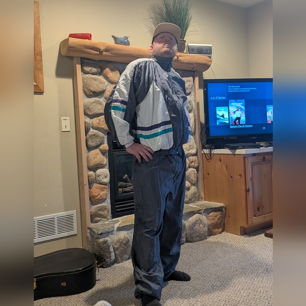 Men's Gray and White Windbreaker Tracksuit